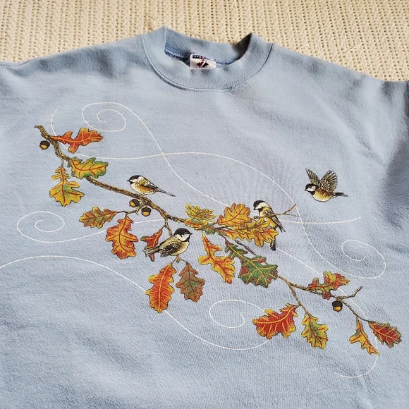 Vintage Jerzees Nublend Sweatshirt Blue Fall Leaves Birds Adult Size Medium - Picture 8 of 9
